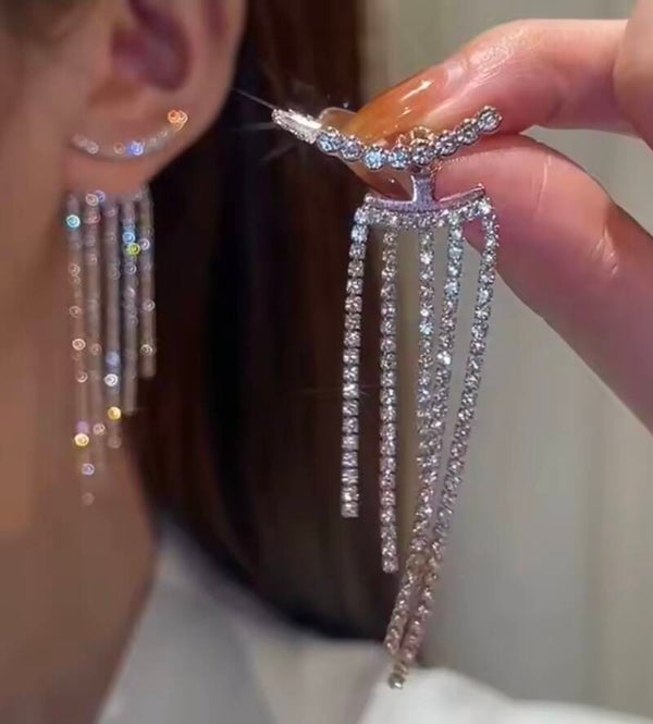 Sparkling Rhinestone Ear Climber & Waterfall Fringe Ear Jacket Set