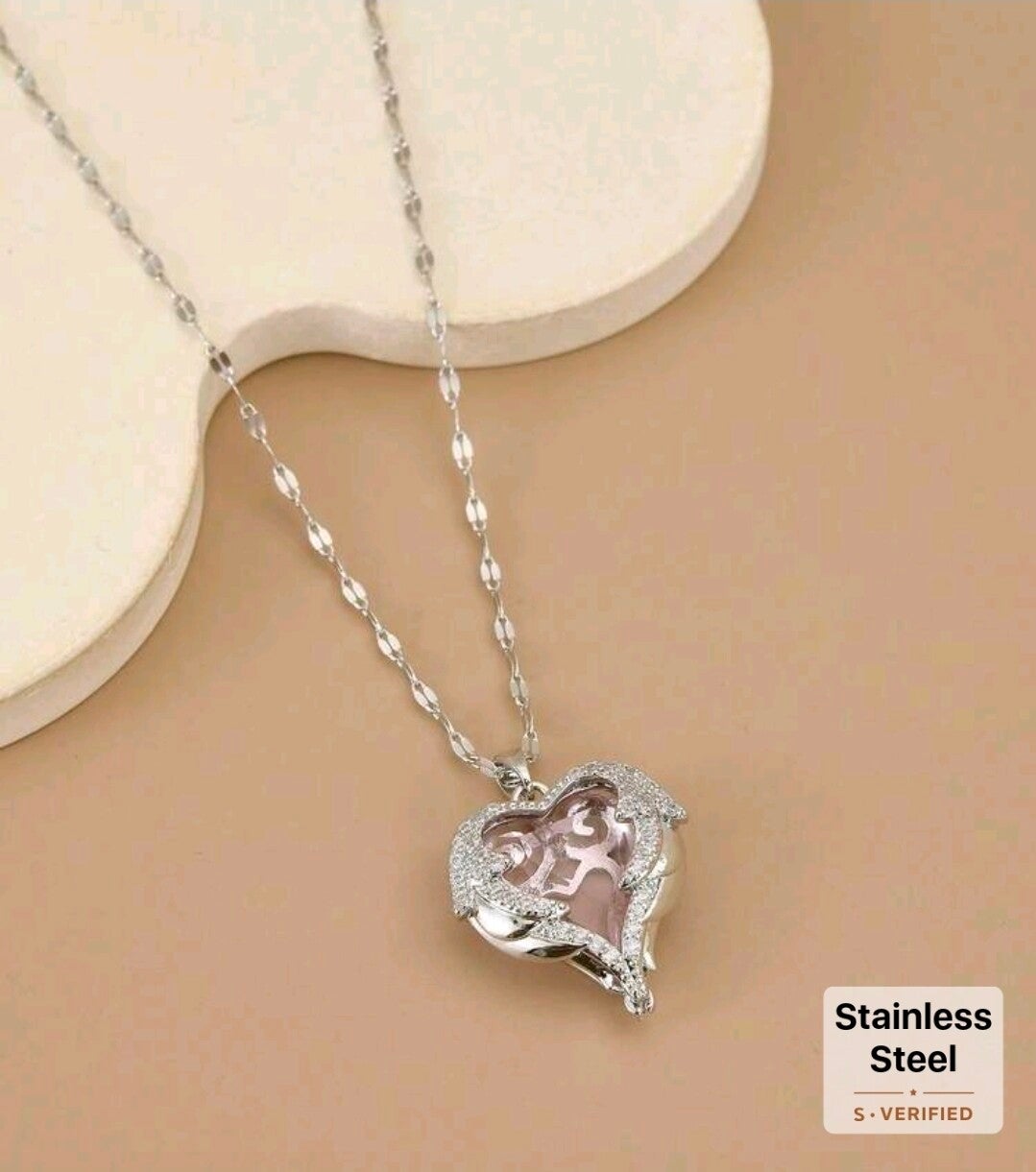 Stainless Steel Silver Angel Wing Heart Pendant Necklace | Sparkling CZ Rhinestone Charm 16-18 Inch