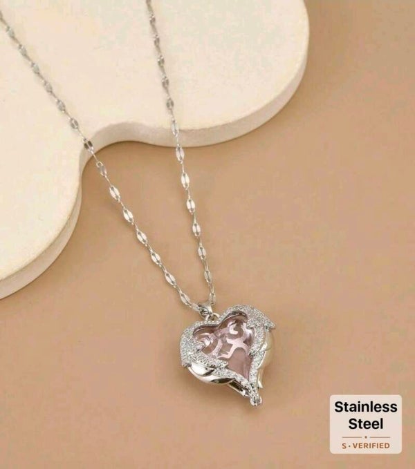 Stainless Steel Silver Angel Wing Heart Pendant Necklace | Sparkling CZ Rhinestone Charm 16-18 Inch