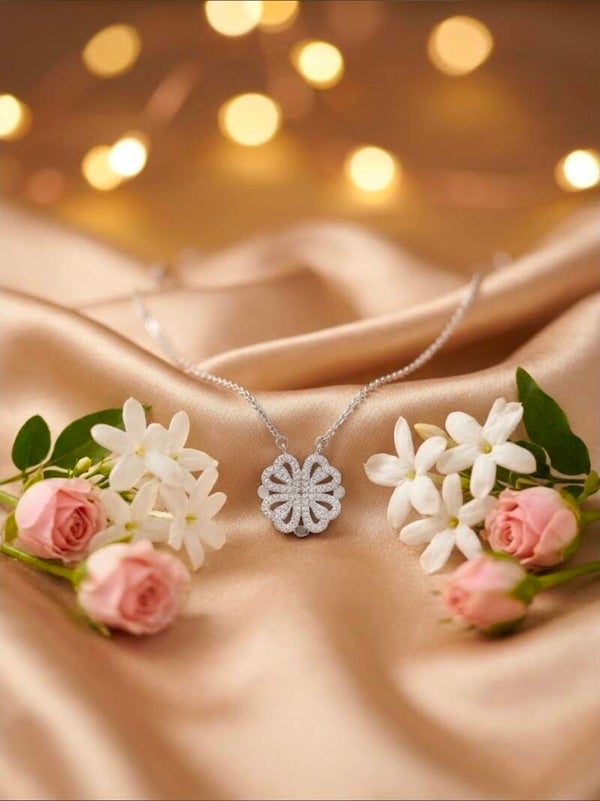2-in-1 Magnetic Convertible Four-Leaf Clover & Heart Pendant Necklace (Silver Tone / Cubic Zirconia)