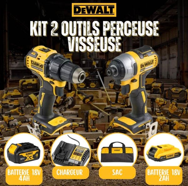 Kit 2 Outils Perceuse Visseuse DCD708 + Visseuse à Chocs DCF787 - DEWALT - avec 2 batteries 18V 2Ah et 4Ah + Chargeur + Sac- DCK2078MDR-QW