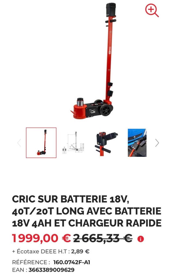 CRIC SUR BATTERIE 18V, 40T/20T LONG AVEC BATTERIE 18V 4AH ET CHARGEUR RAPIDE RÉFÉRENCE : 160.0742F-A1 EAN : 3663389009629