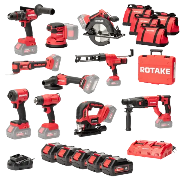 Ensemble de 10 machines 18V - Perceuse à percussion + Meuleuse + Scie circulaire + Visseuse à chocs + Scie sauteuse + Outil multifonction + Ponceuse orbitale + Pistolet à mastic + Décapeur thermique - ROTAKE + 5 batt 18v 5 Ah + 1 chargeur Dble + 4 sacs