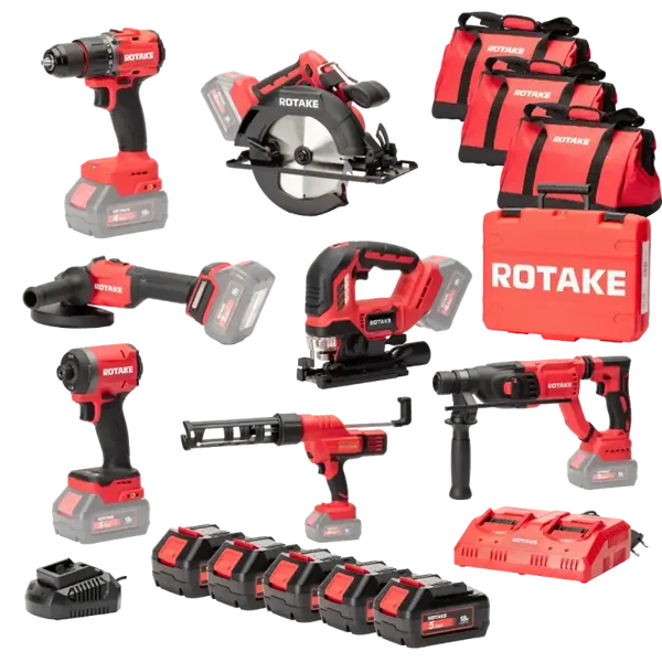 Ensemble de 7 machines ROTAKE 18V - Perceuse visseuse à percussion D1H + Meuleuse 125 + PERFORATEUR + Scie circulaire + Visseuse à chocs S1 + Scie sauteuse + Pistolet à mastic - ROTAKE - avec 5 batteries 18V + chargeur double + 3 sacs - LOT04