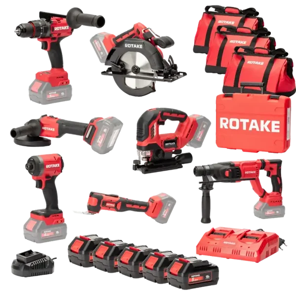 Ensemble de 7 machines ROTAKE 18V - Perceuse visseuse à percussion D2H + Meuleuse 125 + PERFORATEUR + Scie circulaire + Visseuse à chocs + Scie sauteuse + Outil multifonction - ROTAKE - avec 5 batteries 18V 5Ah + chargeur double + 3 sacs - LOT02