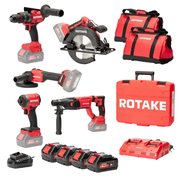 Ensemble de 5 machines ROTAKE 18V - Perceuse visseuse à percussion D2H-50D + Meuleuse G1-125 + PERFORATEUR 8902 + Scie circulaire 8303 + Visseuse à chocs S1 - ROTAKE - avec 4 batteries 18V 5Ah + chargeur double + 2 sacs de transport - LOT01
