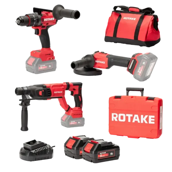 Ensemble de 3 machines ROTAKE 18V - Perceuse visseuse à percussion D2H-50D + Meuleuse G1-125 + Perforateur 8902 + 2 batteries 18V 5Ah - ROTAKE avec 1 sac de transport - LOT05