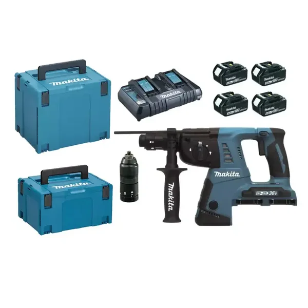 Perforateur-Burineur SDS+ 36V (2x18V) - 2.5J - MAKITA - avec 4 batteries 5Ah + 1 chargeur rapide + 2 MakPak + accessoires - DHR264PT4J