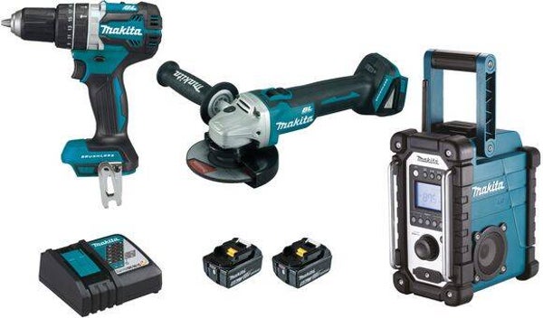 Lot perceuse visseuse + meuleuse 125 mm + radio chantier 2 batt 18v 5ah chargeur rapide