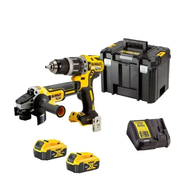 Pack 2 outils XR 18V 5.0 Ah - Perceuse visseuse à percussion DCD796 + meuleuse Ø125 mm DCG405 - DEWALT - avec 2 batteries 18V 5Ah - chargeur - coffret T-Stak - DCK2080P2T-QW