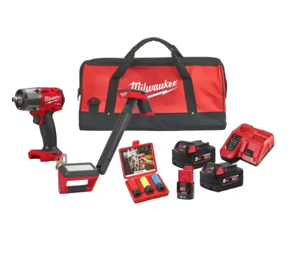 Powerpack M18 FPP2BH-523B - Clé à chocs 1/2 + Lampe - MILWAUKEE - avec 2 batteries 18V 5.0Ah + 1 batterie 12V 2.0Ah + clés à chocs + HD box - 4933492523