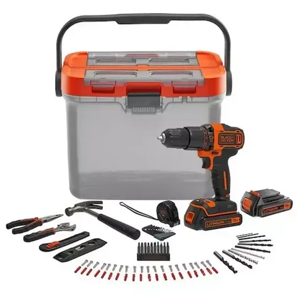KIT BRICO : Perceuse Perc 18V BLACK+DEKKER - avec 2 batteries 1,5Ah , 6 outils, 60 accs, 12 clés et boîte - BCKSB04-QW