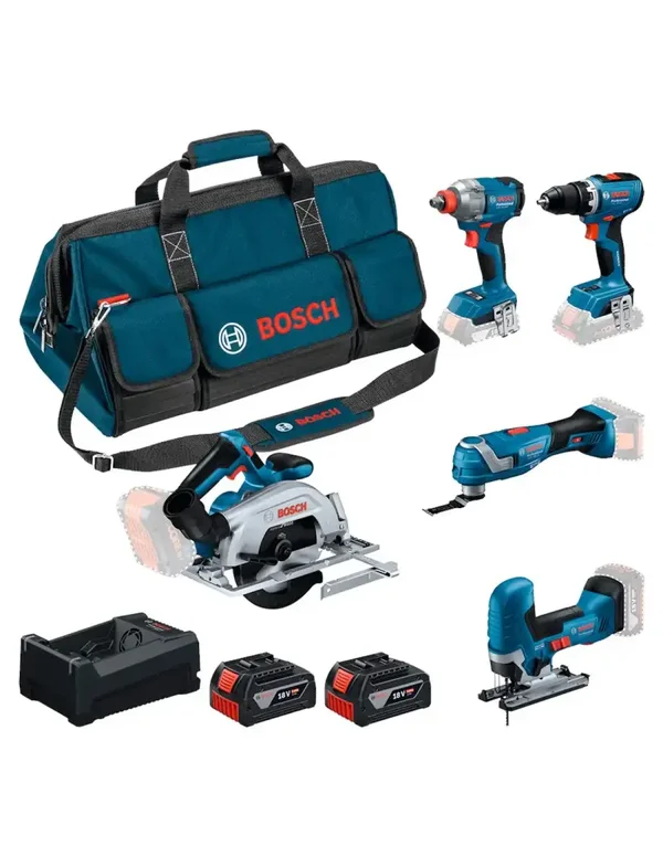 Kit 5 outils 18V - GSR 18V-65 + GDX 18V-285 + GKS 18V-57-2 + GOP 18V-34 + GST 18V-125 S + 2 x 5,0 Ah + GAL 12V/18V-80 + Sac - BOSCH - 0615A500BV