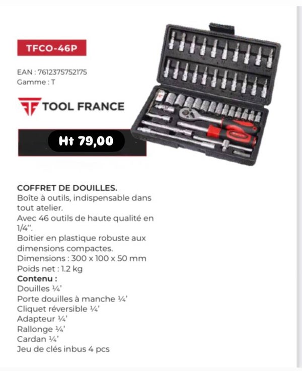COFFRET DE DOUILLES. Boîte à outils, indispensable dans tout atelier. Avec 46 outils de haute qualité