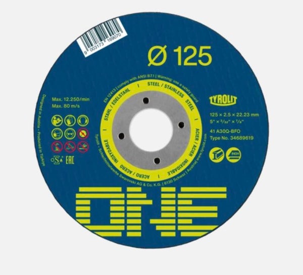 Promotion boîtes de 80 disques à tronçonner TYROLIT ONE 125x1.6 acier/inox