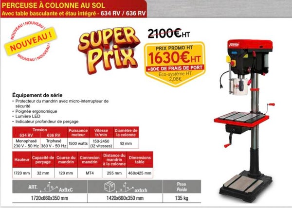 PERCEUSE À COLONNE AU SOL Avec table basculante et étau intégré - 634 RV / 636 RV