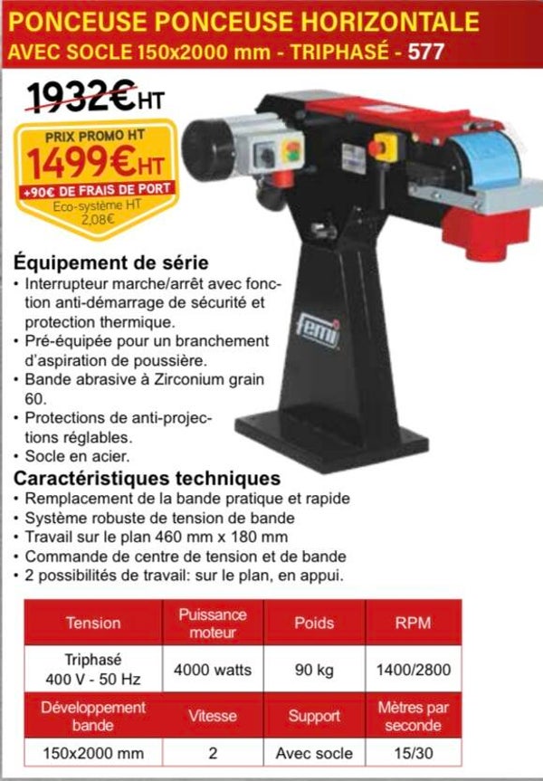 PONCEUSE PONCEUSE HORIZONTALE AVEC SOCLE 150x2000 mm - TRIPHASÉ - 577