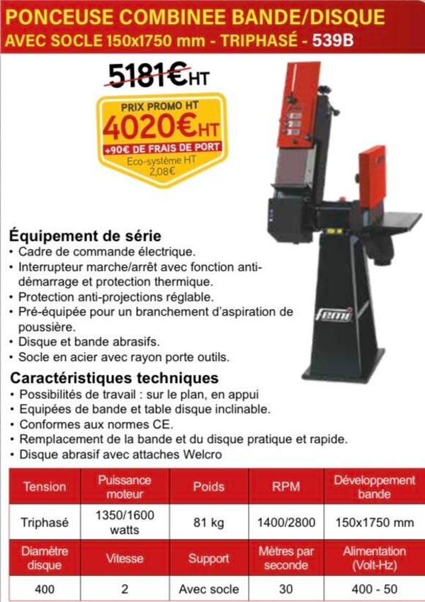 PONCEUSE COMBINEE BANDE/DISQUE AVEC SOCLE 150x1750 mm - TRIPHASÉ - 539B