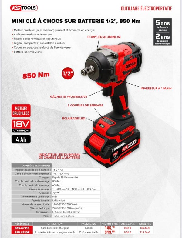 MINI CLÉ À CHOCS SUR BATTERIE 18V  1/2", 850 Nm Vendue nue