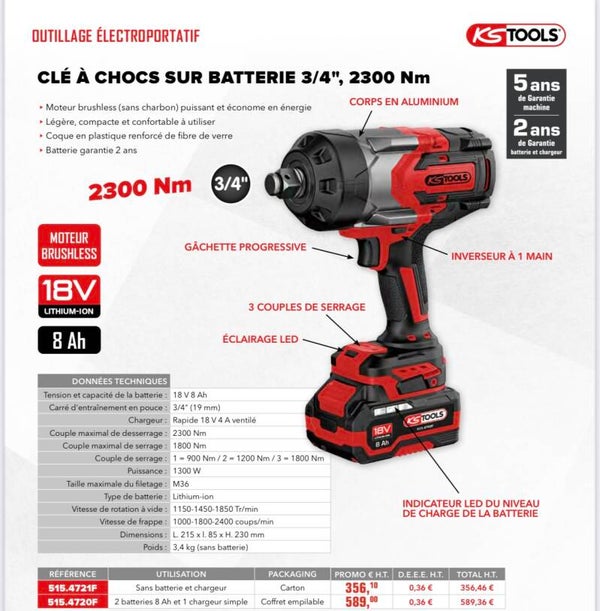 PACK CLÉ À CHOCS SUR BATTERIE 3/4", 2300 Nm 2 BATT 18V 8Ah CHARGEUR RAPIDE COFFRET