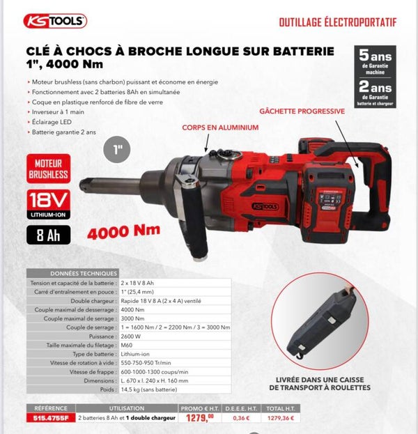 CLÉ À CHOCS À BROCHE LONGUE SUR BATTERIE 1", 4000 Nm 18v