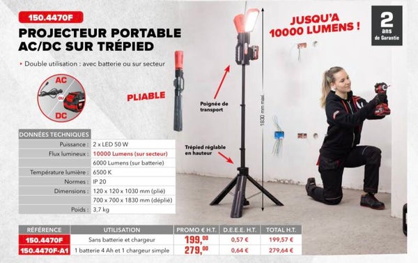 PROJECTEUR PORTABLE AC/DC SUR TREPIED 18V ou SECTEUR VENDU NUE