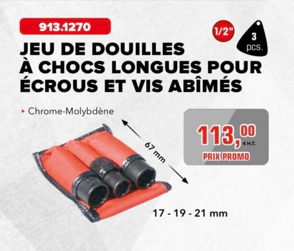JEU DE DOUILLES 3 pcs. À CHOCS LONGUES POUR ÉCROUS ET VIS ABÎMÉS