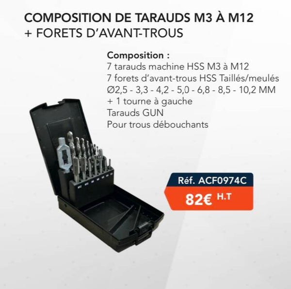 Coffret tarauds 3 a 12 avec forets correspondant et tourne a gauche