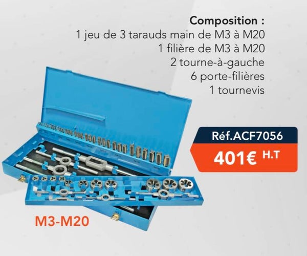 Le coffret de 3 a 20  tarauds et filières