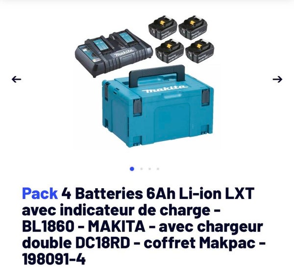 Pack énergie 4 batteries 18v 6Ah , chargeur dble , coffret