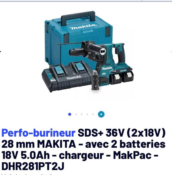 Perforateur burineur Makita 36v (2fois 18v ) livré complet 2batt 18v 5Ah chargeur double coffret la puissance a l’état pur