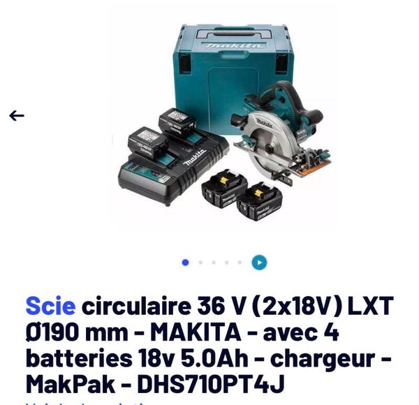 Scie circulaire makita 190mm 36v (2fois 18) le kit par excellence 4 batteries 18v 5Ah chargeur double coffret