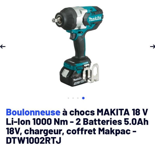 Boulonneuse 1/2 Makita 18v 1000Nm de couple hyper puissante livré complète 2batt 18v 5Ah chargeur coffret