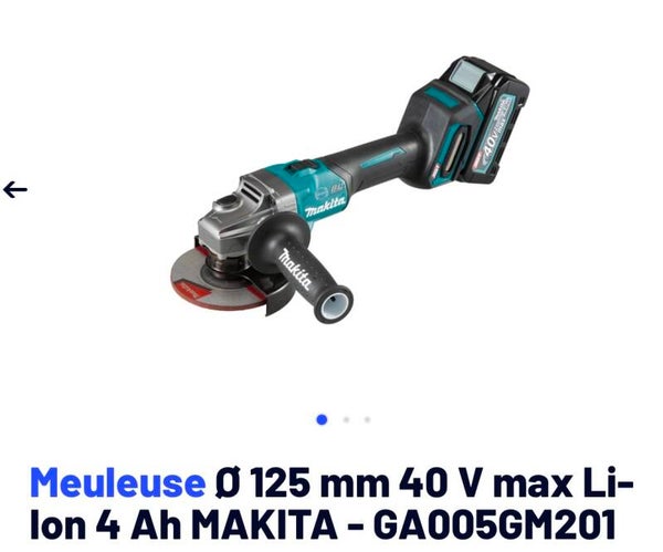 Meuleuse 125mm 40vlt Makita livrée complète avec 2 batt 40vlt 4Ah chargeur rapide coffret