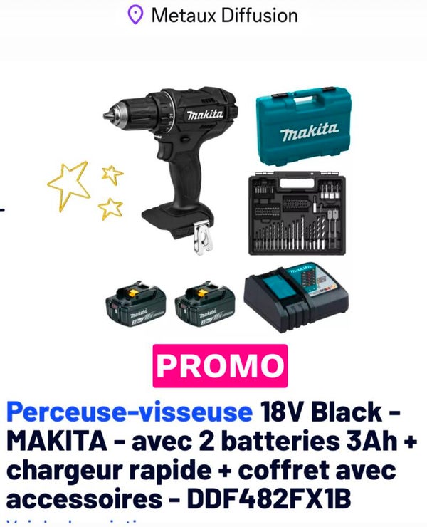 Ensemble perceuse visseuse Makita 18v. 2 batt 18v 3Ah chargeur coffret + accessoires