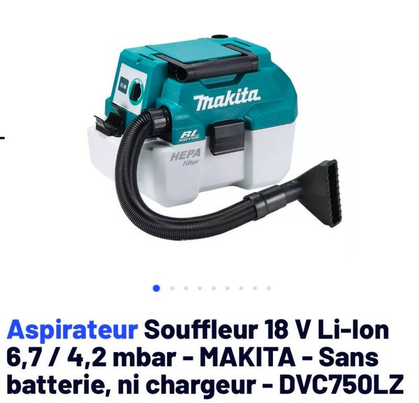 Aspirateur Souffleur 18 V Li-Ion 6,7 / 4,2 mbar - MAKITA - Sans batterie, ni chargeur - DVC750LZ