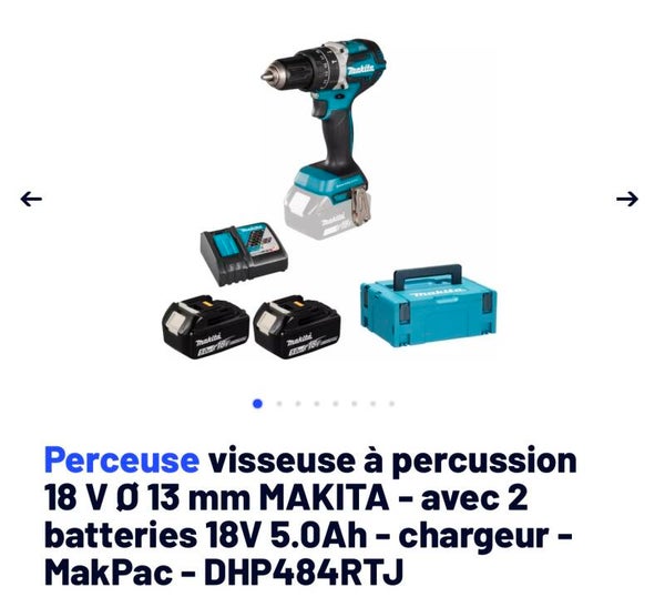 Perceuse visseuse à percussion 18 V Ø 13 mm MAKITA - avec 2 batteries 18V 5.0Ah - chargeur - MakPac - DHP484RTJ