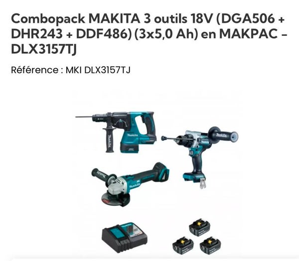 Combopack MAKITA 3 outils 18V (DGA506 + DHR243 + DDF486) (3x5,0 Ah) en MAKPAC - DLX3157TJ