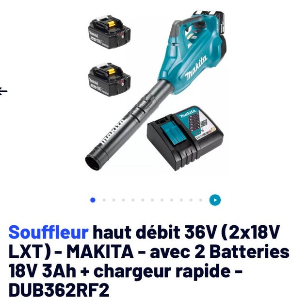 Souffleur haut débit 36V (2x18V LXT) - MAKITA - avec 2 Batteries 18V 3Ah + chargeur rapide - DUB362RF2
