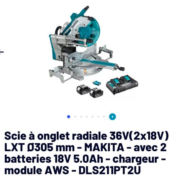 Scie à onglet radiale 36V(2x18V) LXT Ø305 mm - MAKITA - avec 2 batteries 18V 5.0Ah - chargeur - module AWS - DLS211PT2U