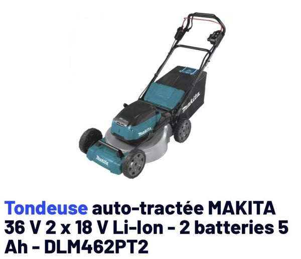 Tondeuse auto-tractée MAKITA 36 V 2 x 18 V Li-Ion - 2 batteries 5 Ah - DLM462PT2