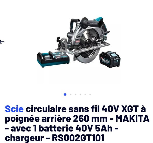 Scie circulaire sans fil 40V XGT à poignée arrière 260 mm - MAKITA - avec 1 batterie 40V 5Ah - chargeur - RS002GT101