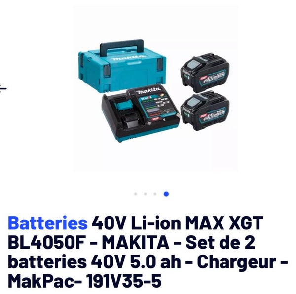 Batteries 40V Li-ion MAX XGT BL4050F - MAKITA - Set de 2 batteries 40V 5.0 ah - Chargeur - MakPac- 191V35-5