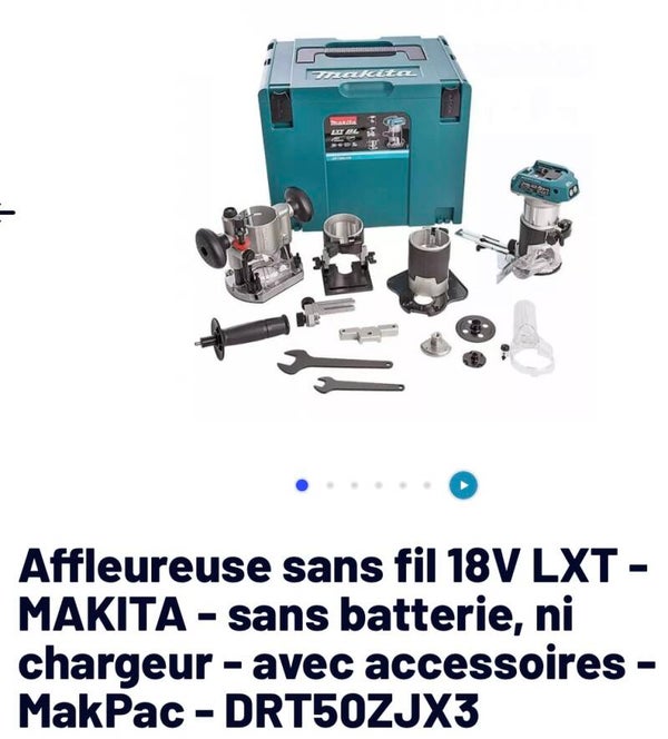 Affleureuse sans fil 18V LXT - MAKITA - sans batterie, ni chargeur - avec accessoires - MakPac - DRT50ZJX3