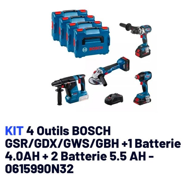 KIT 4 Outils BOSCH GSR/GDX/GWS/GBH +1 Batterie 4.0AH + 2 Batterie 5.5 AH - 0615990N32