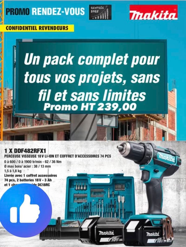 Pack perceuse visseuse DDF482  2 batteries 18vlt 3Ah + pack 74 accessoires