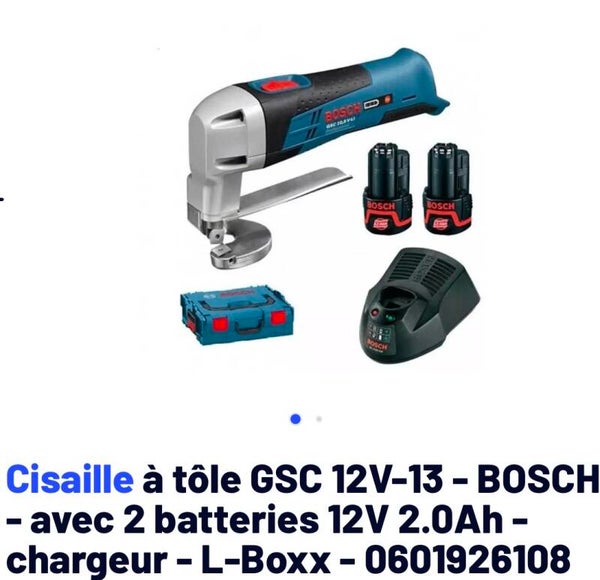 Cisaille à tôle GSC 12V-13 - BOSCH - avec 2 batteries 12V 2.0Ah - chargeur - L-Boxx - 0601926108