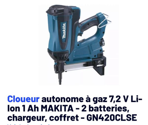 Cloueur autonome à gaz 7,2 V Li-Ion 1 Ah MAKITA - 2 batteries, chargeur, coffret - GN420CLSE