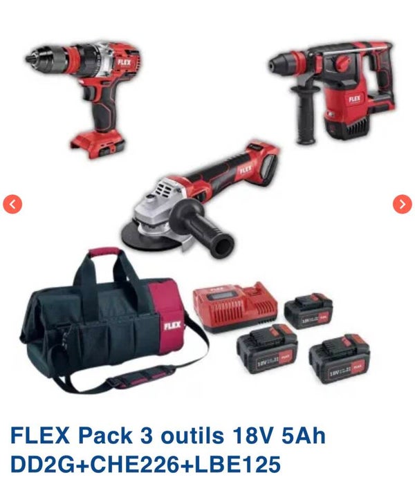 FLEX pack 3 machines + 3 batteries 18v 5Ah + chargeur digital + sac transport thermoformé