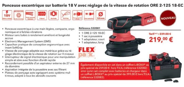 Ponceuse excentrique sur batterie 18 V avec réglage de la vitesse de rotation ORE 2-125 18-EC 1294 18V 125 mm FLEX
